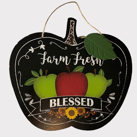 FARM FRESH BLESSED Black Apple Hanging Wall Door Sign Rustic Look Decor - Picture 1 of 5